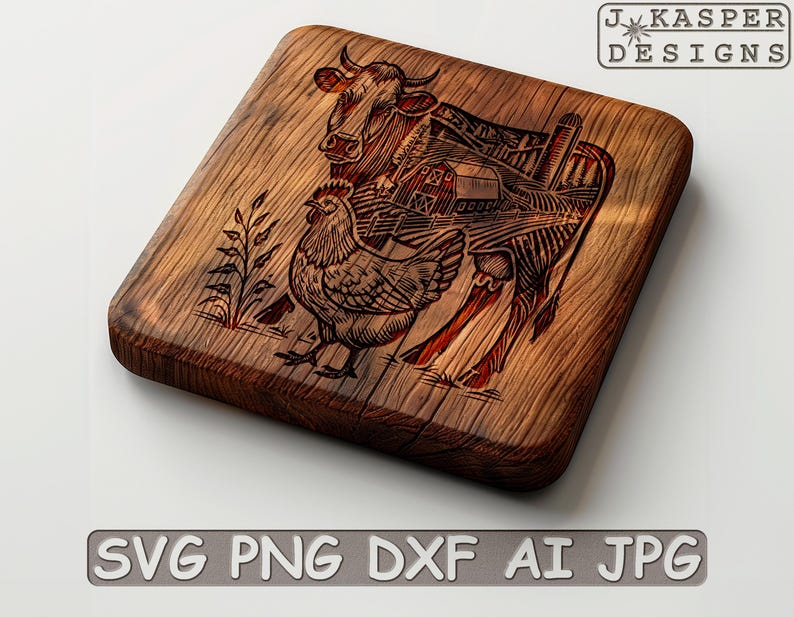 Puede incluir: Una tabla de cortar de madera con un dise&ntilde;o grabado con l&aacute;ser de una vaca y un pollo. El dise&ntilde;o es de estilo r&uacute;stico y presenta un entorno de granja.