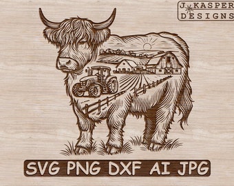 Highland Cow SVG | Cow PNG   | Farm Scene Design for Cricut | Farm Animal Decor Design | Laser Cut Cow Design  | POD Sublimation