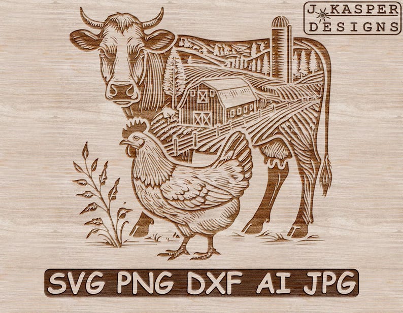 Puede incluir: Una vaca marr&oacute;n y una gallina marr&oacute;n de pie en un campo con un granero rojo en el fondo. La imagen es una talla de madera con un estilo r&uacute;stico y vintage.