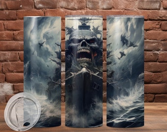 Sublimation Tumbler Wrap Design Set - Instant Digital Download - Seamless Skull Warship Design - Navy Battleship - 20oz Straight & Tapered -