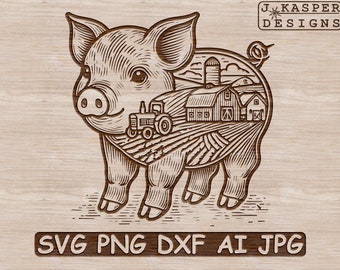 Cena de fazenda de porcos SVG: design de animal de fazenda cortado a laser (download digital)