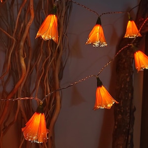 Op de afbeelding: Een lichtsnoer met decoratieve, doorschijnende oranje bloemvormige kapjes. Elke bloem is bevestigd aan een dunne draad en straalt een warme gloed uit. De bloemblaadjes hebben een delicate, stofachtige textuur en geven een zacht licht.