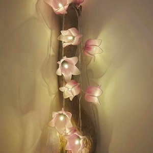 May include: A decorative string of pink flower fairy lights. The lights are attached to a brown branch, with each flower illuminated by a small bulb. The flowers are a soft pink colour, creating a warm glow. Ideal for home decoration.