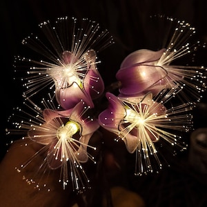 May include: A string of four illuminated flower-shaped lights featuring soft purple petals and radiating fibre optic filaments that emit a bright white glow from the centre of each bloom, creating a starburst effect against a dark background.