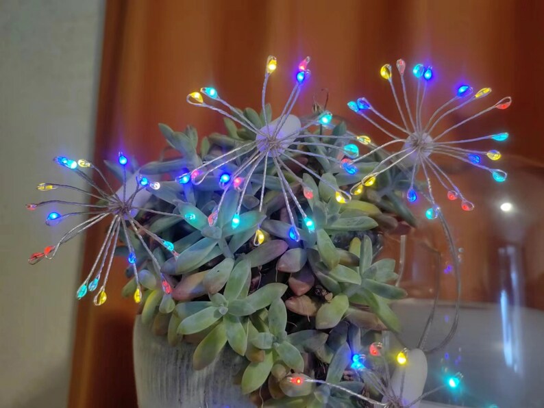 K&ouml;nnte beinhalten: Eine Sukkulente in einem Topf mit drei dekorativen, leuchtenden Drahtskulpturen, die an Feuerwerk erinnern. Die Skulpturen haben mehrfarbige LED-Leuchten in Blau, Gr&uuml;n, Gelb, Rot und Lila.
