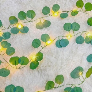 Peut inclure: Une guirlande de fausses feuilles d'eucalyptus avec de petites lumières LED blanc chaud. Les feuilles sont d'un vert mat et sont disposées le long d'un fil fin et flexible. Les lumières sont espacées uniformément, créant une douce lueur ambiante.