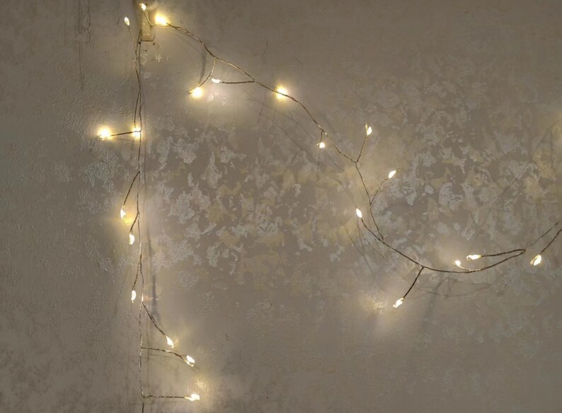 Pu&ograve; includere: Una ghirlanda di luci bianche calde avvolte attorno a un muro con una texture. Le luci sono accese e creano un bagliore morbido.