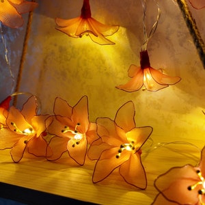 May include: A string of orange flower-shaped fairy lights. The lights are made of a translucent material, with a dark orange outline and a small, warm white LED in the center of each flower. The lights are strung on a thin, silver wire.