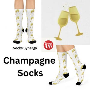 May include: A pair of white socks with a champagne glass pattern. The socks are shown on a model's legs. The text "Socks Synergy" and "Champagne Socks" is also shown in the image.