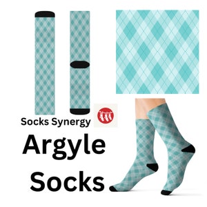May include: A pair of blue and white argyle socks with a black cuff. The socks are shown on a model's legs. The image also shows a close-up of the sock pattern and the text "Socks Synergy Argyle Socks".