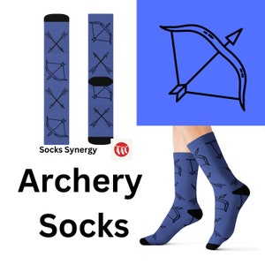 May include: A pair of blue socks featuring a black and white archery bow and arrow design. The socks are modelled on a person's feet. The text "Socks Synergy" and "Archery Socks" is also shown in the image.