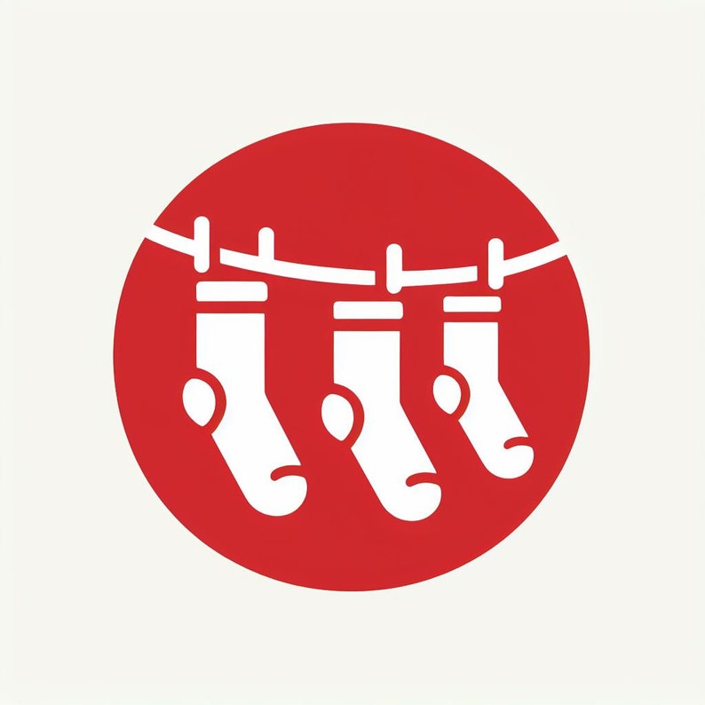 May include: Three white socks hanging on a red clothesline. The socks are all the same size and shape, and they are hanging evenly spaced apart.