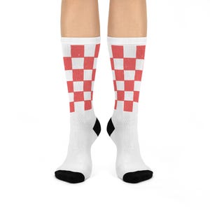 Chic Burnt orange Checkerboard Cushioned Crew Socks - Trendy Fashion Footwear, Cozy Gift for Sock Lovers, Everyday Comfort, Stylish Apparel