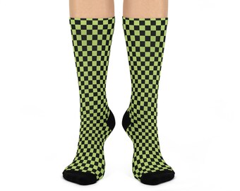 Neon And Black Checkered Socks Vibrant Checkerboard Crew Socks - Fun Fashion for Everyday Great for Casual Outings, Festival Vibes, Holiday