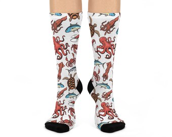 Vom Meer inspirierte gepolsterte Crew-Socken | Fun Marine Life Design, Geschenk für Meeresliebhaber, Nautisches Thema, Lässige Komfort Socken, Einzigartige Bademode