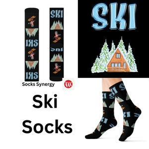 May include: Black ski socks with a repeating pattern of a skier, a cabin, and the word "SKI" in blue. The socks also feature the text "Socks Synergy". The design is set against a black background.