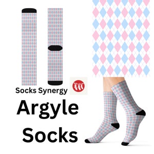 May include: Argyle socks featuring a pink, blue, and white diamond design. The socks have black heels and toes. The image also shows a matching fabric swatch and the text "Socks Synergy" and "Argyle Socks".