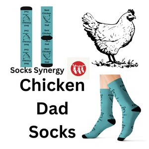 May include: Light blue socks with a repeating pattern of a chicken illustration and the words "Best Chicken Dad". The socks are displayed with a black and white chicken illustration and the text "Chicken Dad Socks".