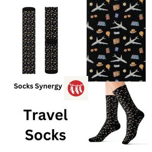 May include: A pair of black socks with a travel themed pattern. The pattern includes airplanes, suitcases, sunglasses, and hats. The socks are shown on a model's feet.