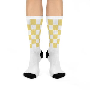 Yellow Checkered Pattern Cushioned Crew Socks - Fun Gift for All Occasions, Trendy Fashion, Perfect for Everyday Use, Checkerboard Socks