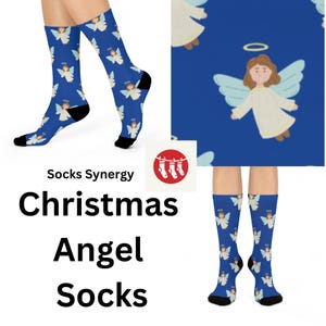 May include: A pair of blue socks with a Christmas angel design. The socks are shown on a model's legs. The socks are available for purchase on Etsy.