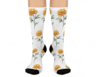 Marigold Floral Crew Socks, Cozy Plant Socks, Gift for Garden Lovers, Unique Wedding Favor, Soft Botanical Socks, Cute Yellow Flower Socks