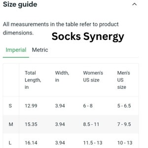 May include: Socks Synergy size chart showing total length, width, women's US size, and men's US size in inches.  Sizes include S, M, and L.