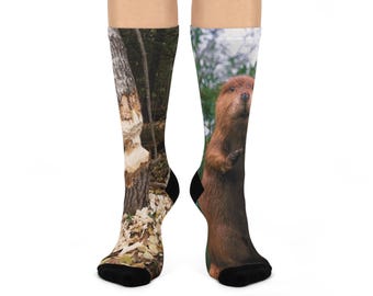 Mismatched Beaver Forest Photo Crew Socks | Wildlife Animal Nature Socks
