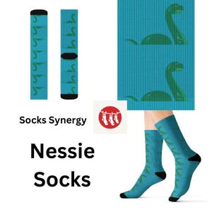 May include: A pair of blue socks with a green Nessie monster pattern. The socks are shown on a model's feet. The socks are also shown individually on a white background. The text "Socks Synergy" and "Nessie Socks" is shown on the image.