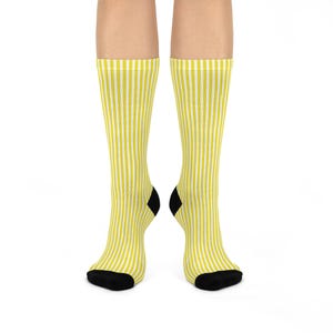 Yellow Bright and Cheery Striped Cushioned Crew Socks - Comfortable Everyday Wear, Perfect for Gift Giving, Spring, Summer, Casual Outfits,