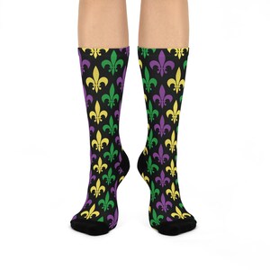 Fleur de Lis Crew Socks, Vibrant Costume Socks, Fun Gift for Mardi Gras, Casual Everyday Wear, Colorful Athletic Socks