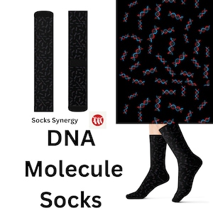 Könnte beinhalten: Ein Paar schwarze Socken mit einem DNA-Molekülmuster in Rot und Blau. Die Socken werden an einem Modell mit einer Socke an jedem Fuß gezeigt. Die Socken heißen "DNA Molecule Socks" und sind Teil der Marke "Socks Synergy".