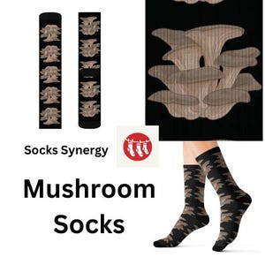 May include: Black socks featuring a mushroom design. The image also displays a pair of socks on a person's legs, and the words "Mushroom Socks" and "Socks Synergy".