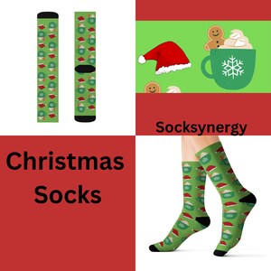 May include: Green Christmas socks featuring a pattern of Santa hats, mugs of hot chocolate, and snowflakes. The image also includes the text "Christmas Socks" and "Socksynergy".