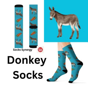 May include: A pair of blue socks with a donkey and carrot pattern. The socks are shown on a model's legs. The text "Socks Synergy" and "Donkey Socks" is also shown in the image.