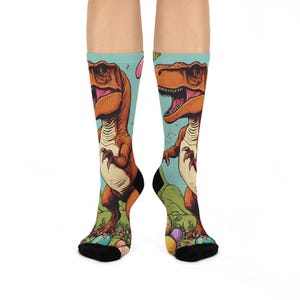 Trex Easter Socks Dino Party Cushioned Crew Socks | Fun Dinosaur Socks for Adults | Colorful Gift for Birthdays, Easter, & More