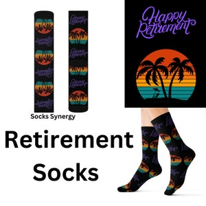 May include: Black socks with a sunset and palm tree design, repeating the words "Happy Retirement." The socks also feature the text "Socks Synergy" and the words "Retirement Socks."