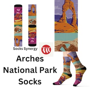 以下が含まれることがあります： ユタ州のアーチーズ国立公園をデザインしたカラフルな靴下2足セット。Socks Synergy製で、象徴的なデリケートアーチのカラフルなデザインが特徴です。
