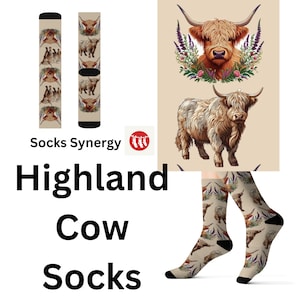 Highland cows and Flowers Socks custom fun cool trendy gift present holiday personalized women&#39;s men&#39;s pattern customized name date farmer