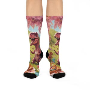 Trex Easter Whimsical Dinosaur Crew Socks for Fun Adventures, Comfortable Cushioned Socks, Perfect Gift Adults, Unique Birthday or Holiday