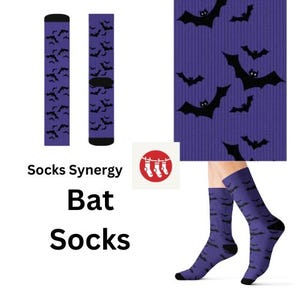 May include: Purple socks featuring a black bat design. The image shows the socks on a white background, with a close-up view and a person wearing them. The text "Socks Synergy Bat Socks" is also visible in the image.