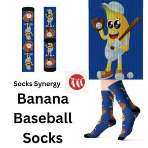 May include: Blue baseball socks with a repeating pattern of a cartoon banana playing baseball, baseball gloves, and baseballs. The text "Socks Synergy Banana Baseball Socks" is also visible.