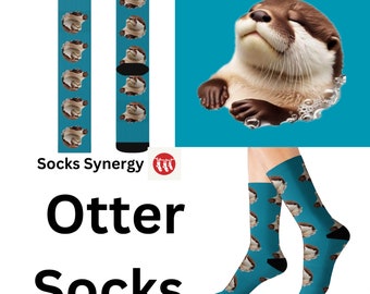May include: A pair of blue socks with a repeating pattern of otter faces. The socks are shown on a model's feet and on a white background with the text "Socks Synergy" and "Otter Socks".