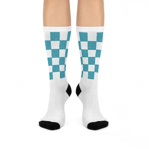 Chic Aqua Checkerboard Cushioned Crew Socks, Fun Socks for Home, Gift for Her, Trendy Fashion Accessory, Cozy Sock Essentials