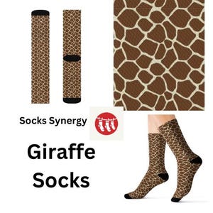 May include: Giraffe socks with a brown and tan pattern. The socks are shown in multiple views, including a pair being worn. The text "Giraffe Socks" is displayed in a bold font.