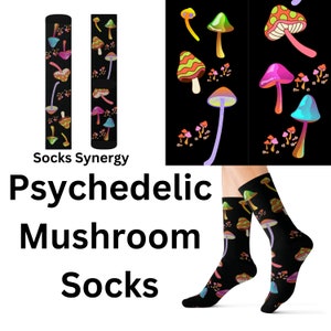 May include: Black socks with a colorful psychedelic mushroom pattern. The socks feature various mushroom designs in shades of green, pink, yellow, and purple. The text "Psychedelic Mushroom Socks" is displayed in large font.