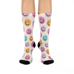 Happy Vibes Cushioned Crew Socks  Fun and Comfortable, Ideal Gift for All Occasions, Casual Footwear, Cozy Style, Smiley Pattern