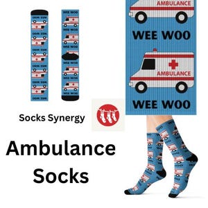 May include: A pair of blue and white socks with a repeating pattern of an ambulance with the text "WEE WOO" on a blue background. The socks are shown on a model's feet.