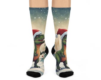 Trex Dinosaur Christmas Crew Socks, Fun Holiday Gift, Novelty Sock Designs, Cozy Winter Accessories, Cute Dinosaur Christmas Socks, Gift for