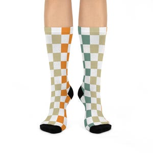 Colorful Checkerboard Cushioned Crew Socks - Cozy Footwear for Fall, Fun, Unique Gift, Fashion Accessory, Casual Wear